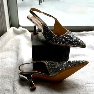 Sparkling Silver Embellished Slingback Heels